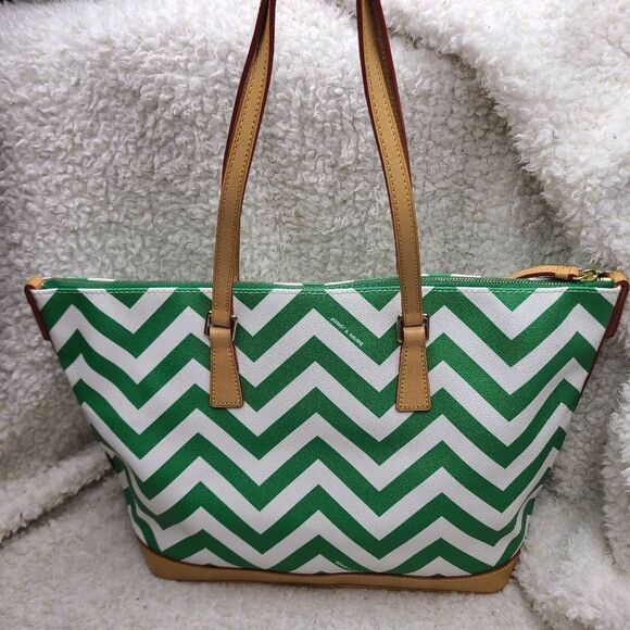 Dooney & Bourke‎ Green and White Chevron Striped Coated Shopper Tote - Picture 3 of 11